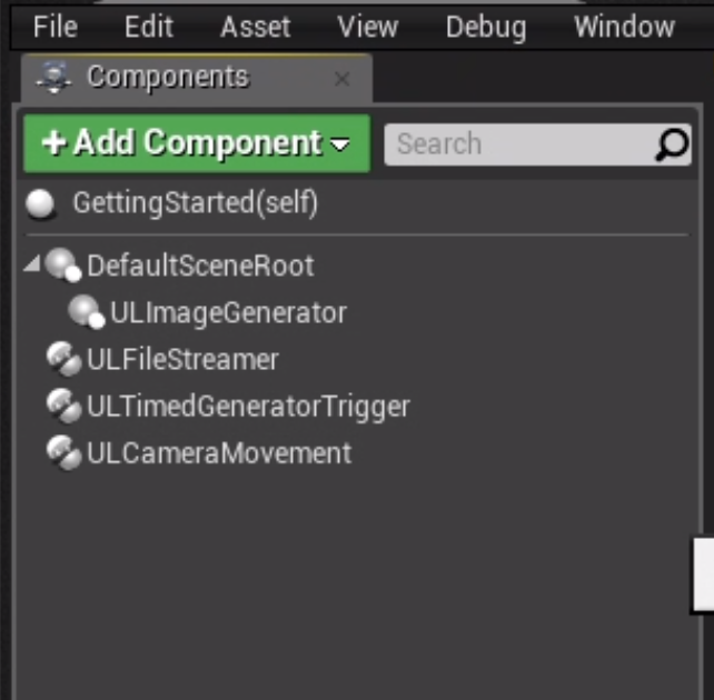 Open the created Blueprint in the editor. and add the following components to your created Blueprint: ULImageGenerator, ULFileStreamer, ULTimedCaptureTrigger and an optional ULCameraMovement